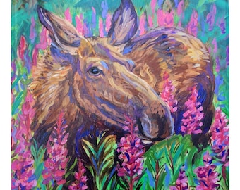 Alaska Art Metal Magnet 2x2"Moose And Fireweed Beauties