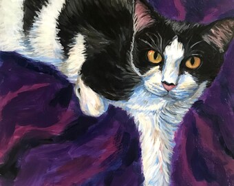 Custom Painted Cat Portrait - pet portrait, oil painting, tuxedo cat, kitty, pet lover gift, pet memorial