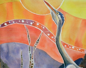 Canvas Print Great Blue Heron on Geometric Landscape, Alaska Art, from Watercolor Original, Orange and Purple