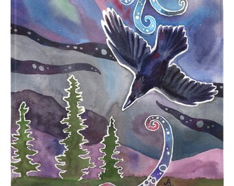 Alaska Art Metal Magnet 2x2"Aurora Raven Forest Mountain Night Sky Magnet