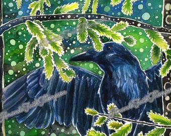Trickster Raven in Forest – Alaska art print by Amanda Faith Thompson, green, blue, small art, gift for mom, whimsical, watercolor, nature