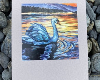 Serenity – swan on Kenai Lake – Alaska art print by Amanda Faith Thompson, small art, nature, oil painting, bird lover, gift for mom, sunset