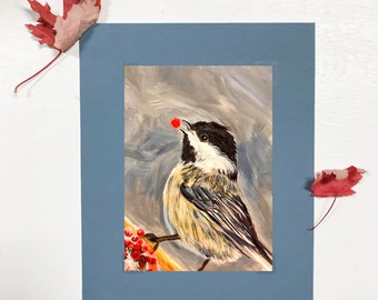 Chickadee with Berry – Alaska art print by Amanda Faith Thompson, small art, nature, songbird, bird, gift for mother's day, neutral colors