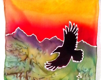 Raven Art with Mountains, Original Silk Painting, Fall Colors Hand Painted, Small Alaska Art