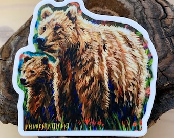 Mama bear grizzly and bear cub sticker - Denali, Alaska art artist vinyl diecut - gift, water bottle deco, notebook style