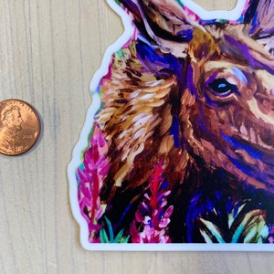 Moose & Fireweed Beauty. Alaska art artist vinyl sticker diecut gift, water bottle deco, notebook style image 2
