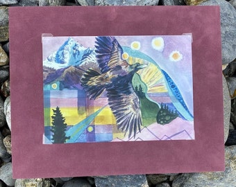 East Flight – Raven and mountains Alaska art print, wall art, geometric, watercolor, mother's day gift, purple, landscape, summer, cozy