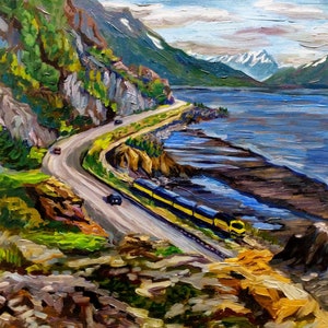 Borderless matte art print Alaska Train along Turnagain Arm - by Amanda Faith, with matboard option