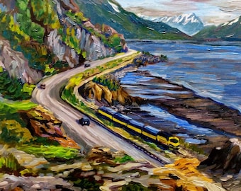 Borderless matte art print Alaska Train along Turnagain Arm - by Amanda Faith, with matboard option