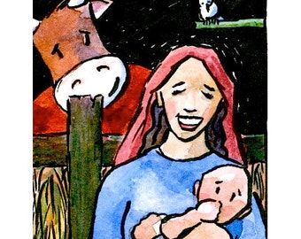 Mary, Jesus and Stable Animals Christmas card by Amanda Faith