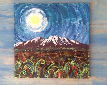 Alaska art original oil and encaustic painting, Spring Fiddlehead Ferns, Alaskan landscape, small square wall art