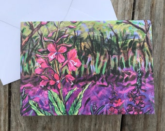 Pink Fireweed in Landscape Alaska Art Greeting Card by Amanda Faith Thompson, with Envelope, print from original painting