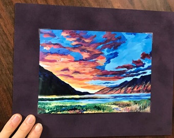 Sunset in Hope, Alaska art print by Amanda Faith Thompson - nature, mountains, painting, small art, Turnagain Arm artwork, landscape, green