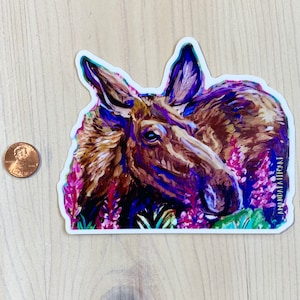 Moose & Fireweed Beauty. - Alaska art artist vinyl sticker diecut - gift, water bottle deco, notebook style