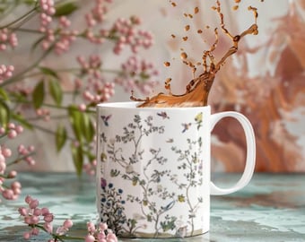 Floral Coffee Mug: Elegant Botanical Ceramic Cup, Nature-Inspired Gift