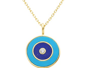 Natürliche Türkis und Lapis Lazuli Diamant Evil Eye Anhänger Halskette, viel Glück Art Deco Schmuck