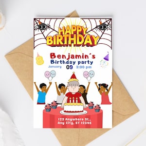May include: A rectangular birthday party invitation card featuring a spider web background, the text "HAPPY BIRTHDAY", "Benjamin's Birthday party", "January 09 3:00 pm", and "123 Anywhere St., Any City, ST 12345" with illustrations of children, a cake, and cupcakes.