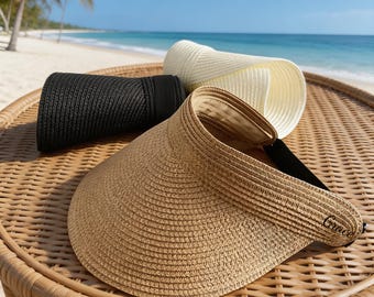 Sombrero de paja personalizado para mujer, ajustable, de ala ancha, plegable, para la playa, con nombre bordado personalizado, ideal para viajes y vacaciones.
