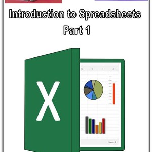 May include: An image promoting spreadsheet software, featuring a green Excel icon with a white 'X'. The open document displays charts and graphs. The text "Introduction to Spreadsheets Part 1" is at the top, with computer and monitor illustrations.