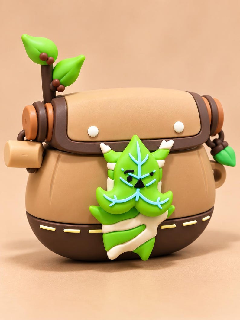 Puede incluir: Una funda protectora de silicona marr&oacute;n para auriculares inal&aacute;mbricos, con forma de peque&ntilde;a mochila con solapa y detalles laterales. Un personaje de color verde brillante con forma de hoja y cara blanca y negra est&aacute; sujeto al frente, y una peque&ntilde;a ramita de hoja verde se encuentra en la parte superior.