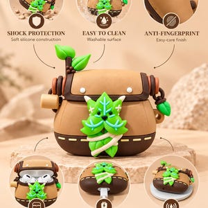 Puede incluir: Una funda protectora de silicona color canela y marr&oacute;n para auriculares inal&aacute;mbricos, con forma de peque&ntilde;a mochila y un personaje de hoja verde en el frente. La funda presenta una solapa superior, detalles laterales y una ramita de hoja verde arriba.