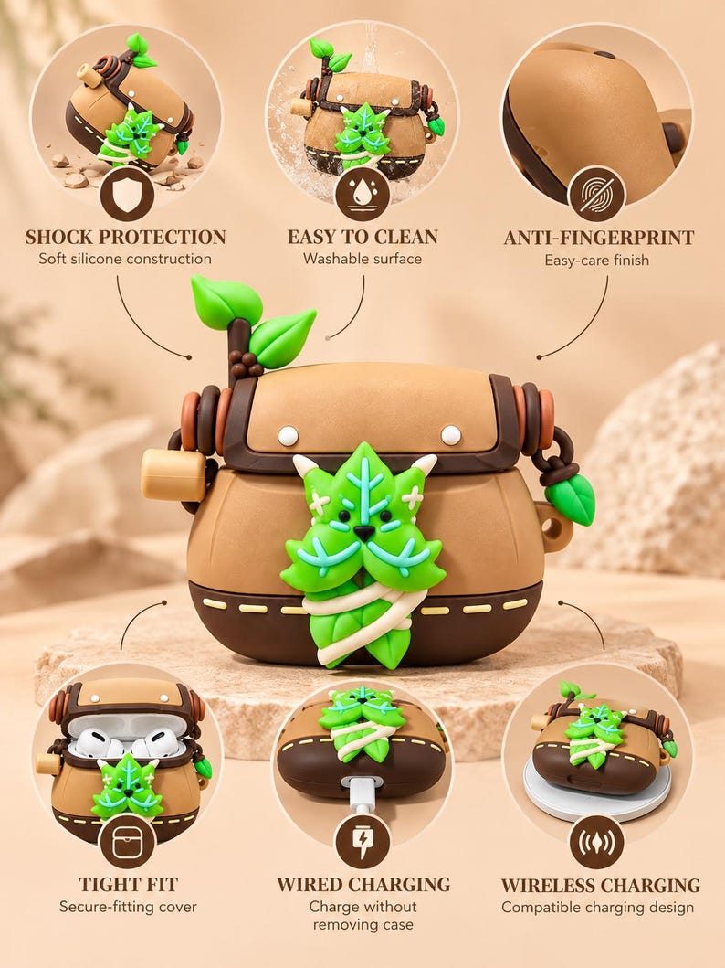 Puede incluir: Una funda protectora de silicona color canela y marr&oacute;n para auriculares inal&aacute;mbricos, con forma de peque&ntilde;a mochila y un personaje de hoja verde en el frente. La funda presenta una solapa superior, detalles laterales y una ramita de hoja verde arriba.