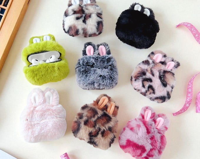 Fuzzy Bunny AirPods Case: Fluffy Animal Print Earbud Cover