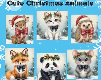 May include: A blue background with snowflakes and the text "Cute Christmas Animals". The image features six adorable cartoon animals: a deer, cat, hedgehog, fox, panda, and mouse, all decorated for Christmas with festive accessories.