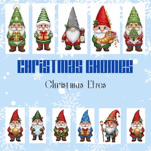 May include: A selection of Christmas gnome stickers, each with a long white beard and a pointed hat. The gnomes are depicted holding gifts, lanterns, and ornaments. The text "CHRISTMAS GNOMES" and "Christmas Elves" are displayed on a light blue background.