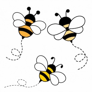 Könnte beinhalten: Drei Cartoon-Bienen im Flug, jede mit einem schwarz-gelb gestreiften Körper, weißen Flügeln und einer gepunkteten Flugbahn. Die Bienen haben schwarze Fühler und sind vor einem weißen Hintergrund platziert. Geeignet für Aufkleber, Einladungen oder Kinderzimmerdekoration.