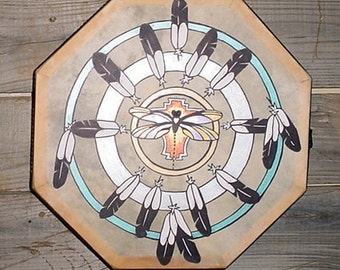 14 Inch  Native AM Dragonfly & Eagle Feather Hand Painted Dance Drum + Beater, POW WOW