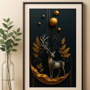 Luxury 3D Golden Deer Wall Art | Modern Abstract Stag Canvas | Nordic Nature-Inspired Home Decor | Elegant Living Room Artwork