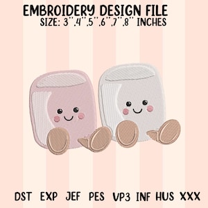 Pode incluir: Um arquivo de design de bordado com dois personagens de marshmallow sorrindo, um rosa e um branco, com pés marrons. O texto na parte superior diz "EMBROIDERY DESIGN FILE SIZE: 7.6, 10.2, 12.7, 15.2, 17.8, 20.3 cm".