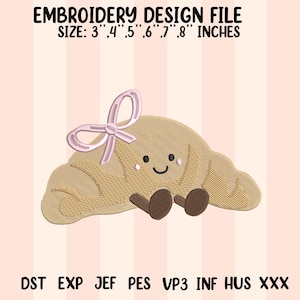Puede incluir: Un archivo de diseño de bordado con un cruasán de dibujos animados con un lazo rosa. El diseño incluye una cara sonriente y pies marrones. Tamaños: 7.6 cm, 10.2 cm, 12.7 cm, 15.2 cm, 17.8 cm, 20.3 cm. Formatos: DST, EXP, JEF, PES, VP3, INF, HUS, XXX.
