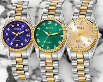 Elegant Ladies Quartz Watch – Gold, Blue, Green, Adjustable Clasp