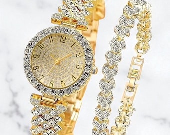 Oogverblindende duo strass horloge- en armbandset luxe minimalistische sieraden voor elke gelegenheid.