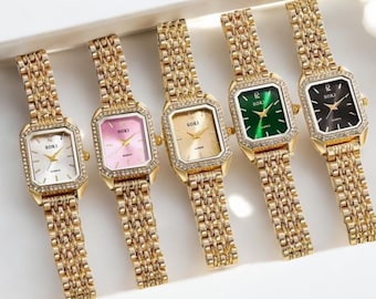 Goldfarbene Kristall Armbanduhr - Elegantes Kettenarmband Zeitmesser