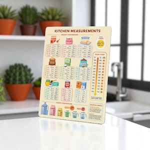 Puede incluir: Tabla rectangular de medidas de cocina con fondo beige. Incluye conversiones de peso y líquido, guías de temperatura del horno y consejos útiles. El texto es en negro y rojo, con ilustraciones.