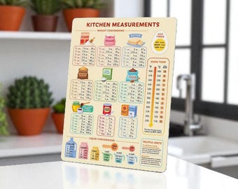 Tabla de conversión de medidas para la cocina (imán): medidas esenciales para cocinar y hornear. Para unidades métricas/imperiales, temperaturas y pesos.