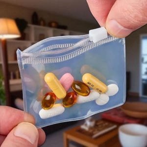 Puede incluir: Una pequeña bolsa de plástico transparente y resellable llena de varias pastillas y cápsulas. La bolsa se mantiene abierta, mostrando una variedad de medicamentos amarillos, rosas, marrones y blancos. La bolsa tiene un cierre de cremallera blanco.