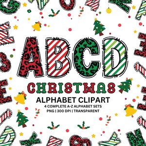 May include: A festive Christmas alphabet clipart set featuring the letters A, B, C, and D in red leopard print, striped red and white, green leopard print, and green and white stripes. The word "CHRISTMAS" is also included.