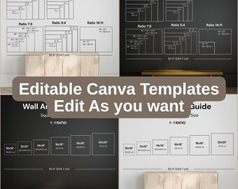 Può includere: Una guida alle dimensioni delle opere d'arte da parete, con vari rapporti dimensionali e dimensioni in centimetri. L'immagine include il testo "Editable Canva Templates Edit As you want". La guida è visualizzata su sfondo bianco e nero.