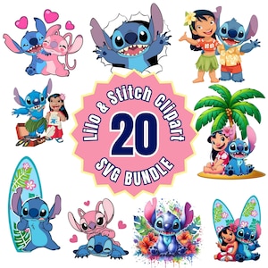 Lilo and Stitch Watercolor Clipart, Stitch Angel Cute PNG SVG Bundle, Hand Drawn Lilo Digital Download for Sublimation Cricut