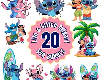 Lilo and Stitch Watercolor Clipart, Stitch Angel Cute PNG SVG Bundle, Hand Drawn Lilo Digital Download for Sublimation Cricut