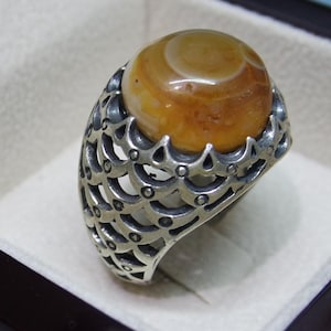 yellow Agate Aqeeq silver Ring – Natural Stone – Handmade 925 Sterling Silver – Men&#39;s Jewelry resizable