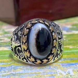 Black eye Agate Mens Ring 925 Sterling Silver Aqeeq | Handmade Ring | Natural Gemstone Islamic Gift | Statement Jewelry for Him