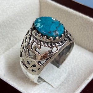 blue turquoise ring 925 sterling silver men&#39;s ring , handmade design resizable