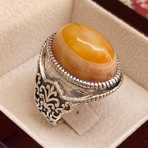 handmade mens ring man jewelry sterling silver ring with  yellow agate stone resizable