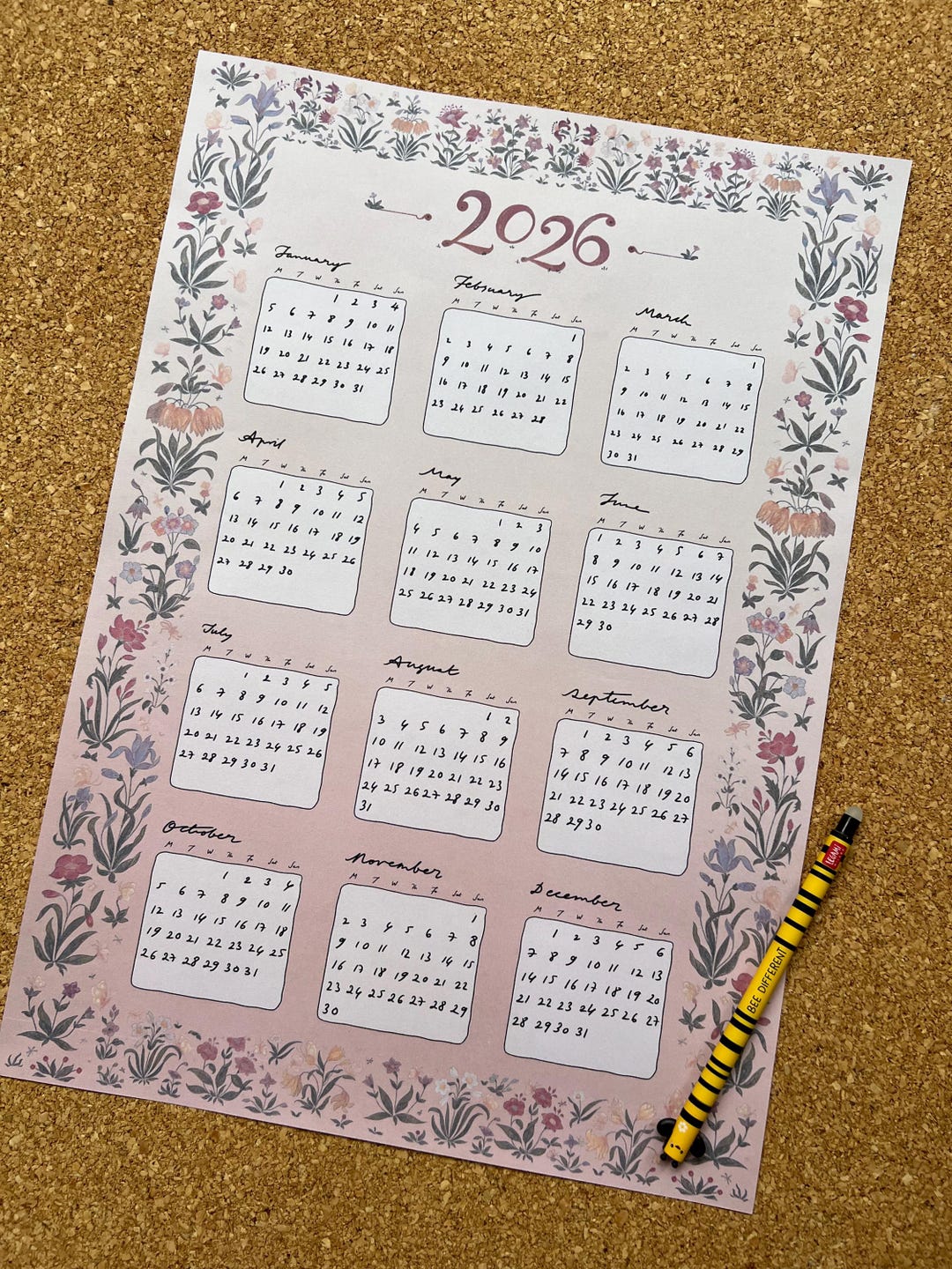 2026 Year at a Glance Wall Calendar Poster - Digital Download ...