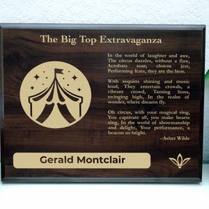 Circus Gift Plaque | Personalized Poem for Big Top Spectacles | Ringmaster Office Decor for Circus Performers